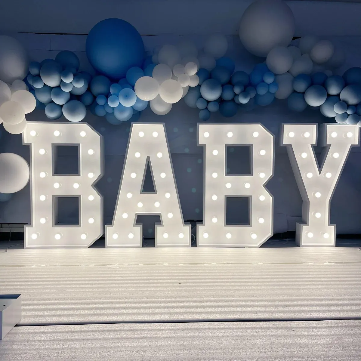 BABY white marquee letters with blue balloon decor