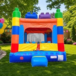 Lite Building Block Bounce House in backyard garden - Party Perfect America rental