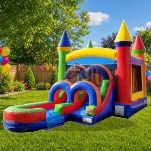 Modern Rainbow Water Slide Combo in backyard garden - Party Perfect America rental