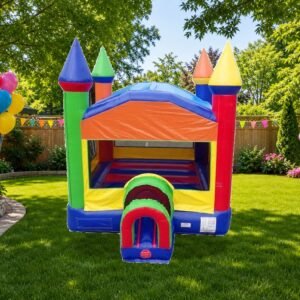 Rainbow Castle Bounce House in backyard garden - Party Perfect America rental