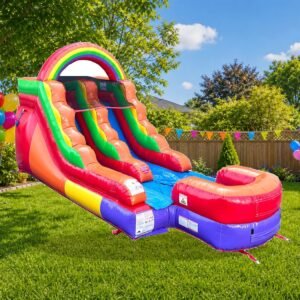 12 foot Rainbow Wet Dry Slide in backyard garden - Party Perfect America rental
