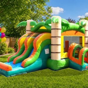 Tropical Double-Lane Slide Combo in backyard garden - Party Perfect America rental