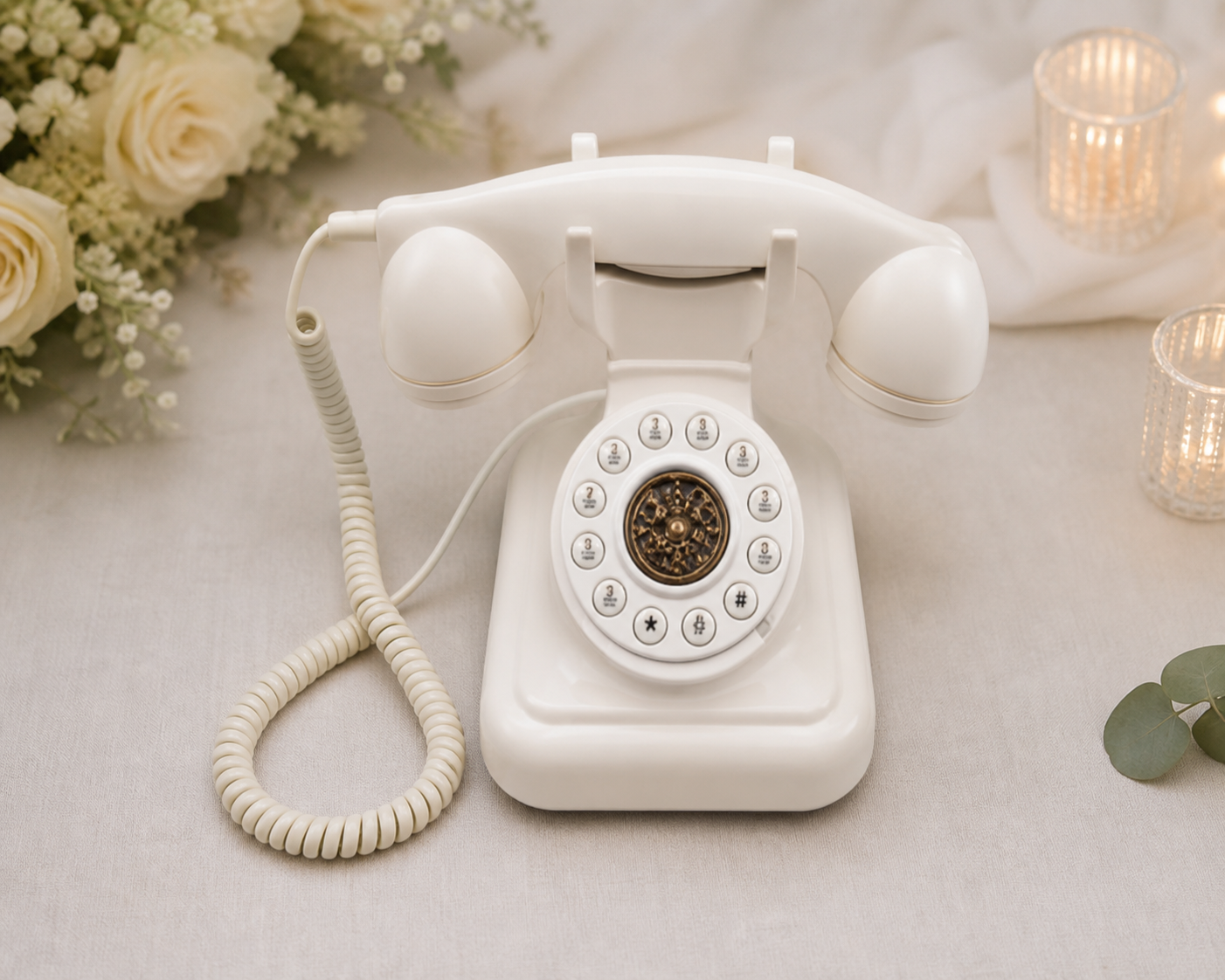 White vintage-style telephone with a coiled handset cord on a table
