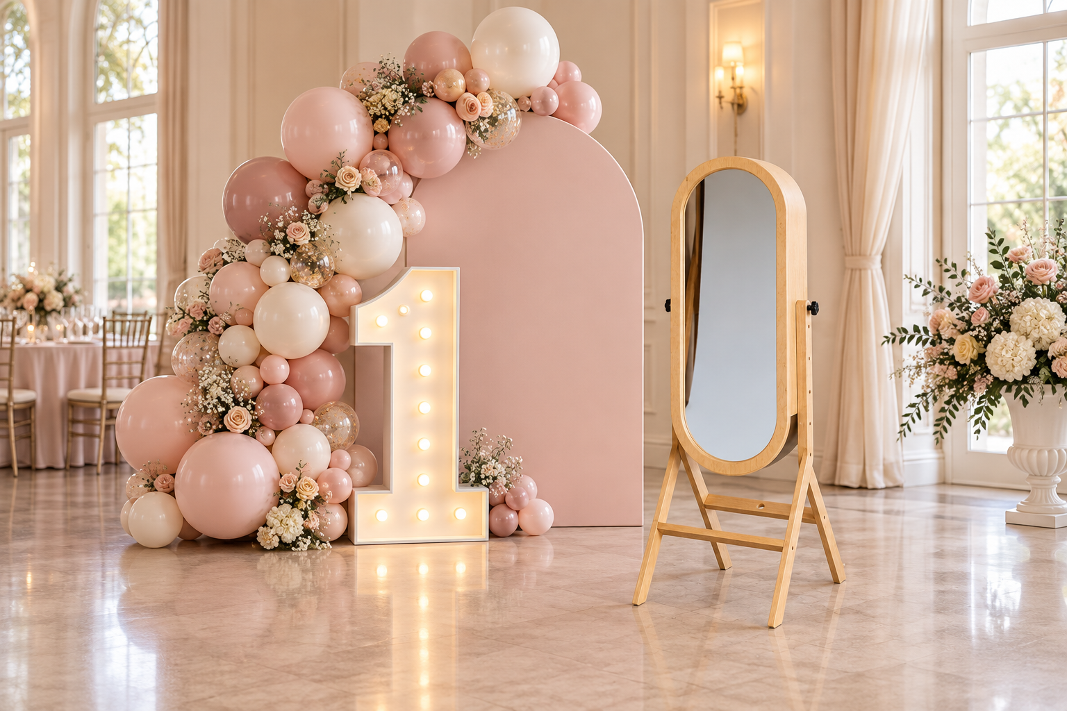 Girl's first birthday setup with vintage wooden photo booth, illuminated number 1 and pink balloon decor