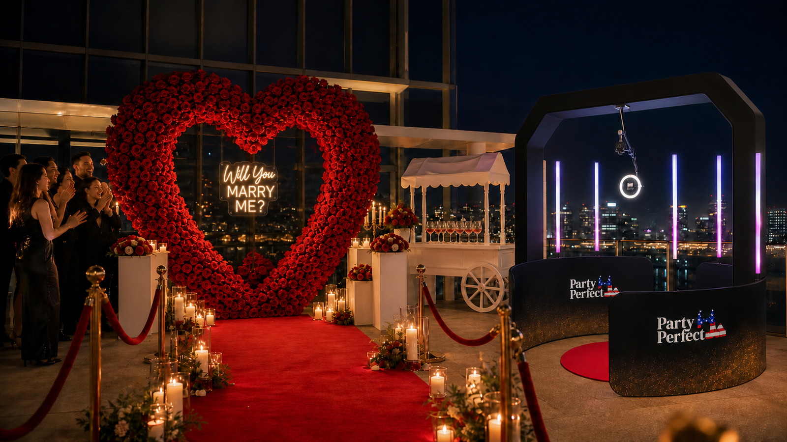 Grand proposal setup with red heart flower wall, candy cart, red carpet, stanchions, and Party Perfect Sky 360 overhead booth