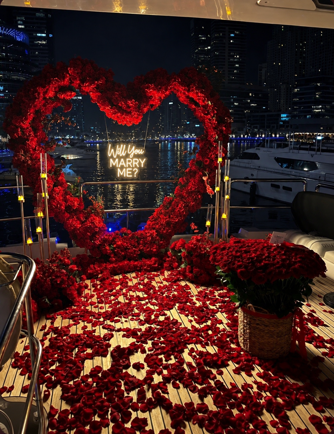 Night proposal heart arch with will you marry me sign